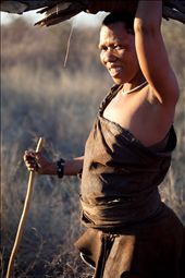 San woman returning to settlement after collecting fuel for fire. Ghanzi, Botswana.: by annasloss, Views[1087]