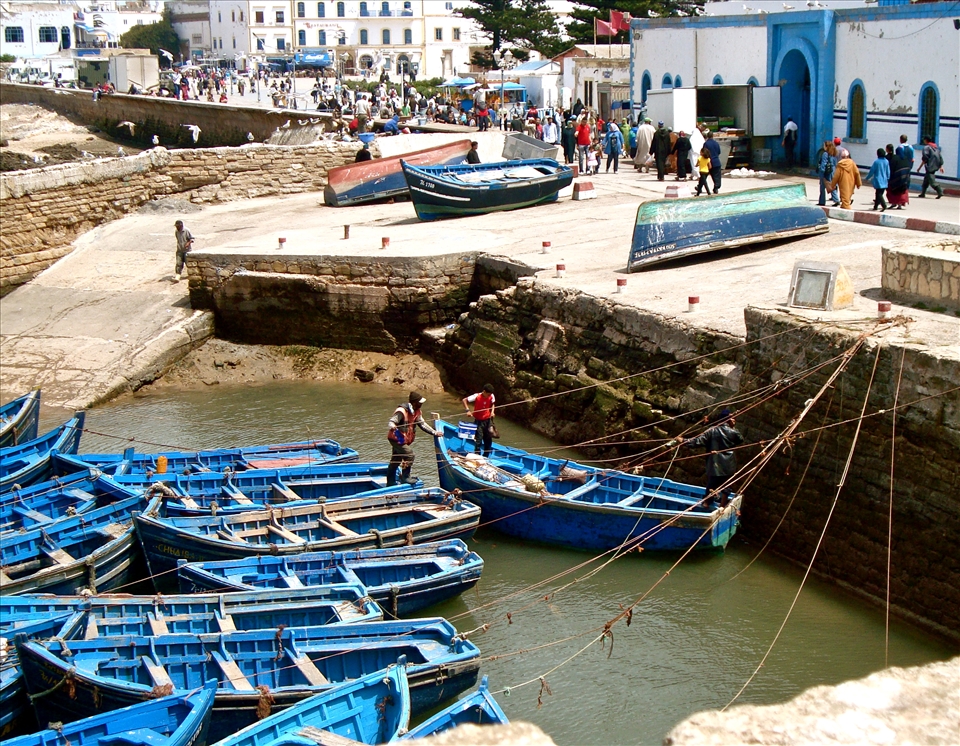 Local fishermen in Essaouira prepare for the morning catch.