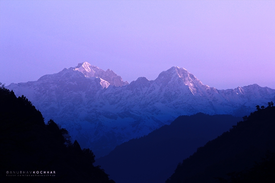 Sunrise at Chaukhamba. This peak is also sometimes referred as Kedar Peak. At Syalsaur, Uttrakhand, India. This is the first morning when I walked out to see the sunrise over the Mandakini River. As the light struck and cleared the sky, this marvelous huge massif named Chaukhamba came to light. It felt a sense of serene beauty filling my soul and I started to fill my eyes with the breathtaking view. Each view was more brilliant than the previous and more awe-inspiring.