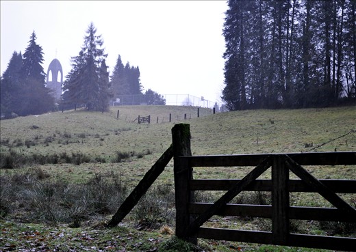Westminster Abbey through the fog.