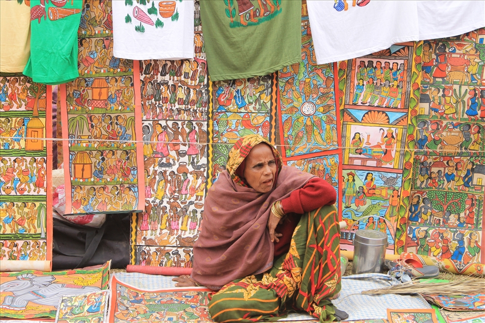 Art at sale; the fair also known as 'poush mela'  is practically an art exhibition with artists from all spheres exhibit their work for display/sale.