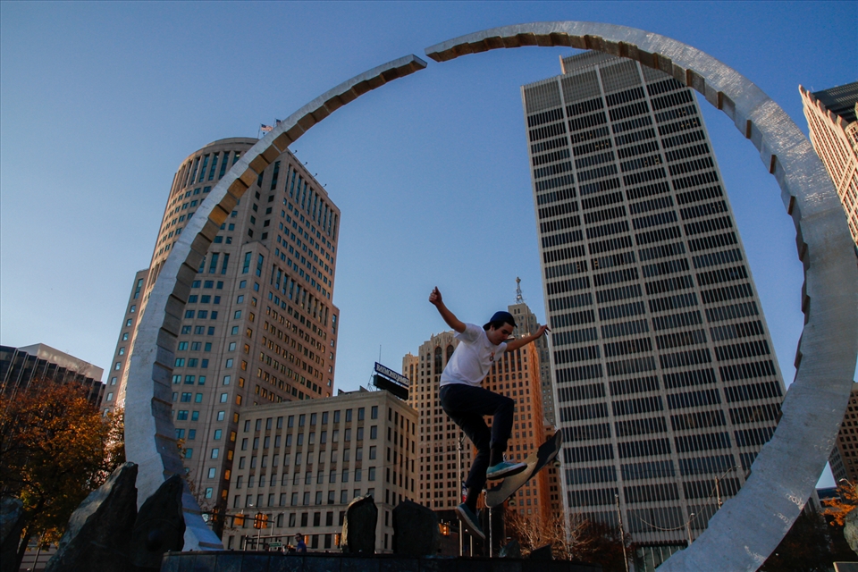Skateboarders bring the tricks and youthfulness to Hart Plaza, Detroit.