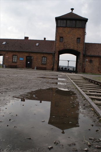 The famous gate threatens to swallow whatever approaches on the train tracks leading up to it. These were specifically built to bring deportees directly into the gated site.
