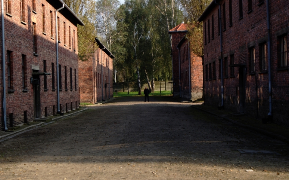 Between the buildings that used to house Nazi administrators and soldiers, a security guard is hit by a stroke of sunlight. He stands on the alley all of the prisoners had to pass before they were counted every day. Many of them for the last time before they were shot.