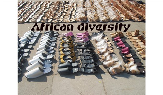 African sandals displayed on the streets for sale. Beautiful Crafts. 