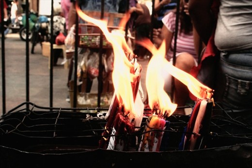 Multicolored candles are being sold right outside the Quiapo Church. Each color represents an aspect of life you want to pray for--family, health, peace, love and so on.