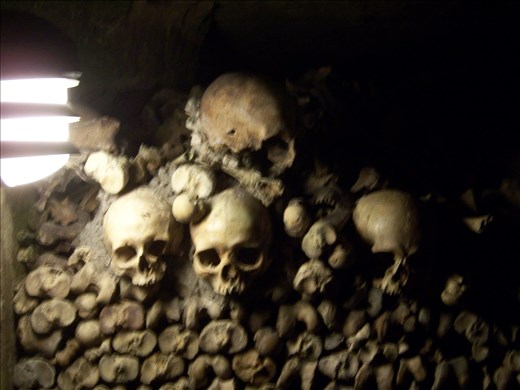Paris -- Catacombs -- skulls/bones neatly stacked 10' high, 30' deep, 30' wide