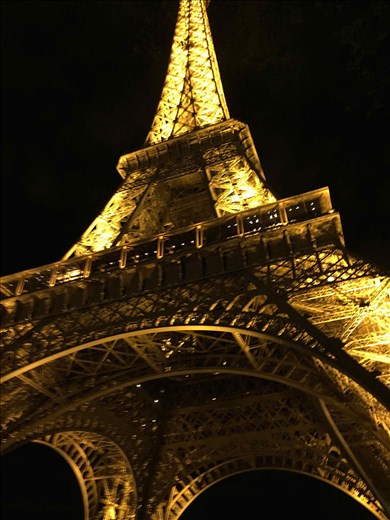Paris -- Eiffel Tower -- looking up -- lighted tower at night.01