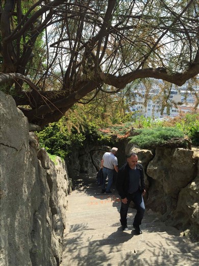 Paris -- Basilique du Sacre Coeur -- steps down, rough hewn rock handrail