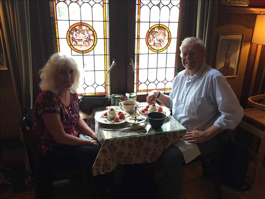 Brugge -- having crepes and hot chocolate in an upstairs tea room