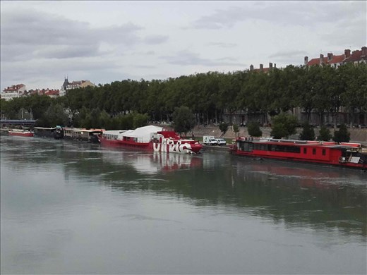 Lyon -- view of boats on Rhone River from Pont Wilson