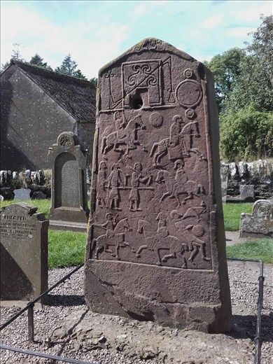 Scotland -- Aberlemno Stone -- standing in churchyard with headstones