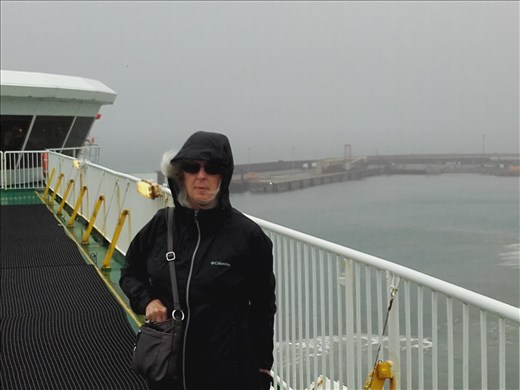 Ferry from Ireland to Wales/England -- Cindy outside on top deck