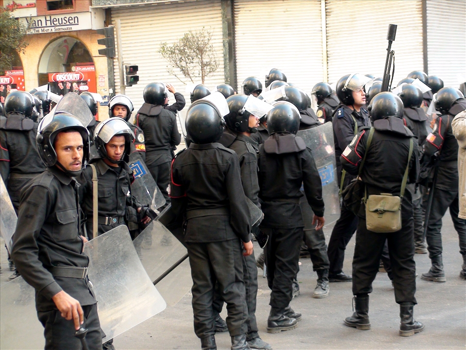 Riot police on the streets of downtown Cairo on the second morning of the protests, waiting in anticipation of more unrest. (Attempt to confiscate my camera seconds after this shot.)
