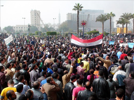Thousands take to the streets in Tahrir Square, the busy center of Cairo to protest the decades long dictatorship of Hosni Mubarak.