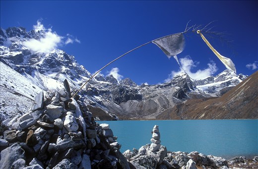 Prayer flags carry prayers in the wind, Gokyo Lake