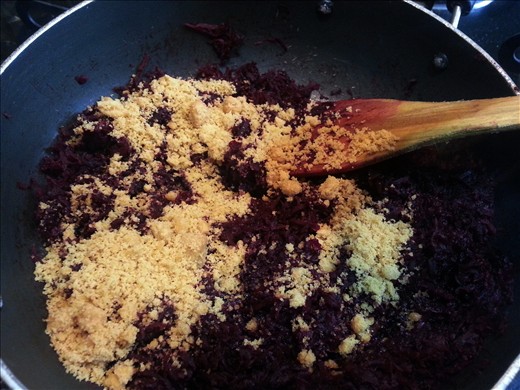 beetroot on the gas, any sort of oil is NOT used in the entire process. The mixing of the jaggery in the beetroot 
