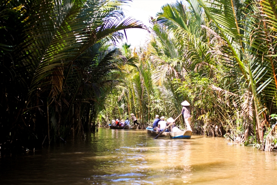Vietnamese women traversing a stream through the jungles near Saigon. 