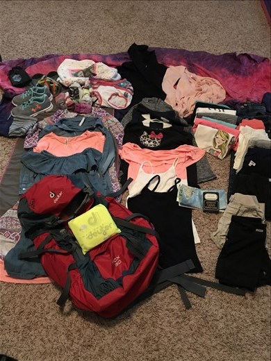 Kaleigh's items:
7 t-shirts
2 pairs of jeans
7 pairs of pants
1 pair of shorts
1 skirt
4 dresses
12 pairs of panties
8 pairs of socks
2 long sleeve shirts
1 sweater
1 pullover sweater
2 under shirts
1 dress shirt
1 pair of tennis shoes
1 pair of fit kicks
1 bathing suit
1 sleeping bag sheet
1 towel
1 bff pillow case