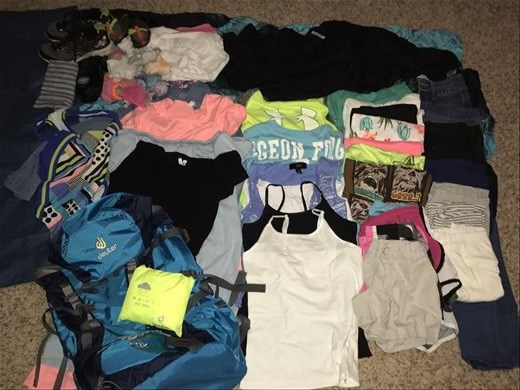 Brooklyn's items:
7 t-shirts
2 pairs of jeans
7 pairs of pants
3 pairs of shorts
1 skirt
4 dresses
12 pairs of panties
8 pairs of socks
2 long sleeve shirts
1 sweater
1 pullover sweater
2 under shirts
1 dress shirt
1 pair of tennis shoes
1 pair of fit kicks
1 bathing suit
1 sleeping bag sheet
1 towel