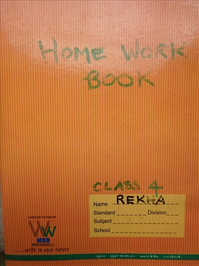 Rekha's homework book. This year we gave all the children homework books. This saw immense pride in all the work that went into it - the books were highly prized. Amazingly, thanks to the concept all homework was promptly done on time!
