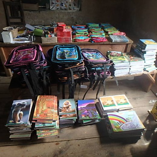 Education supplies in the library - they have already made the jeep journey from Bageshwar and a 7Km mule trip, now ready for assembling into 'kits' for the children of Jatoli (another 7km by mule). These supplies will keep the children in educational materials for the whole academic year ahead.