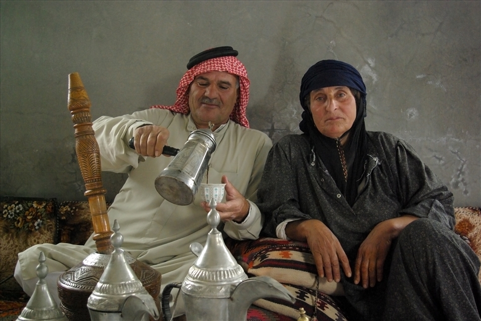 While I was observing children marking lambs, their grandfather has approached me and invited me into his house for a cup of tasty arabic coffee. He put proudly on a display all his coffee pots and insisted that I had to take the picture of him and his wife when he is pouring the coffee into a cup. Later on I was offered to overnight there. That was a great end of my visit of syrian bedouins enclave. Hope they are safe and will survive the ongoing civil war without any harm.