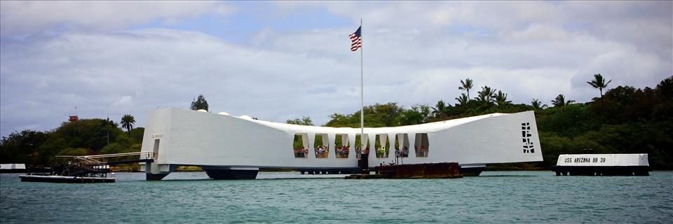 This photo shows the Iconic USS Arizona Memorial