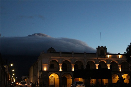 Night falls on Antigua, Guatemala