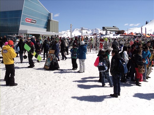 Very crowded as people collected skiing equipment