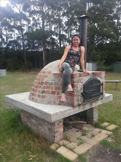 Rowie modelling an oven in the park at Adventure Bay