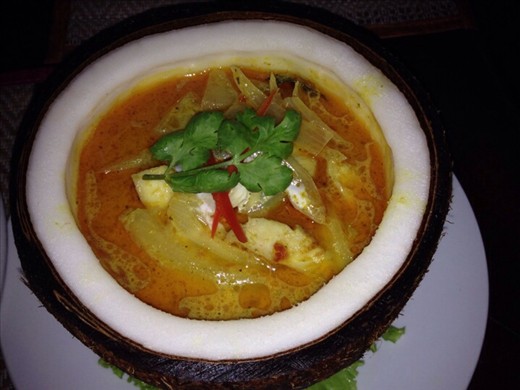 Amok Trey served in half a coconut - wonderful!