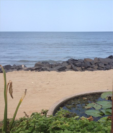 Beach view between the iron bars of Le Cafe