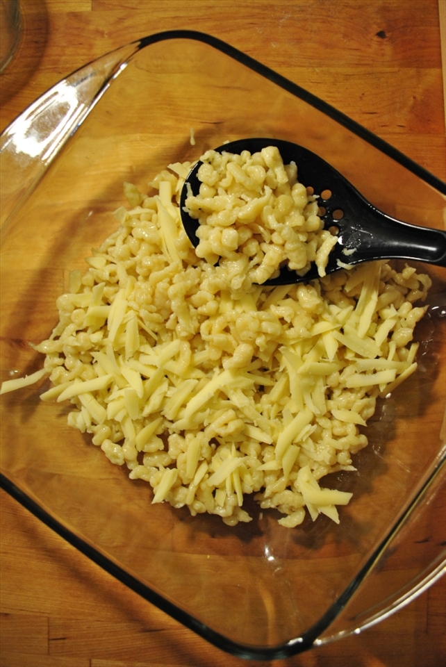Layering the spätzle in a dish with Gruyere cheese.