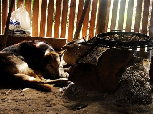 The kitchen of the house, where Doña Corina is toasting peanuts for the day. 