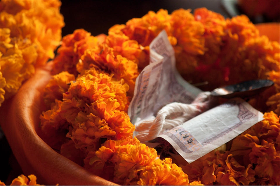 A traditional religious offering in a Nepalese temple in Kathmandu. 