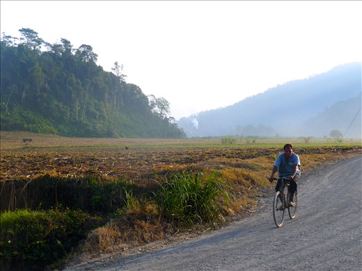 Farmer on his way to work after a beautiful morning sunrise
