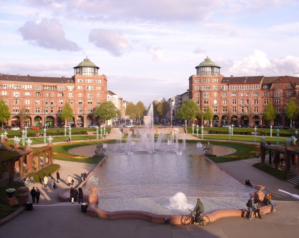 This is a view from the Wasserturm in Mannheim, a small city of western Germany.  The violet light and sky colouring was completely natural. True beauty