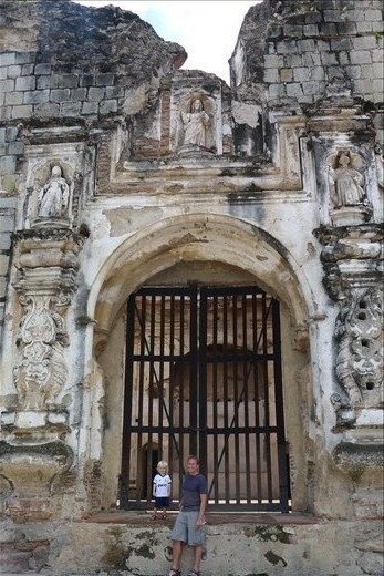 Chris and Jackson in front of earthquake destroyed Santa Clara chruch
