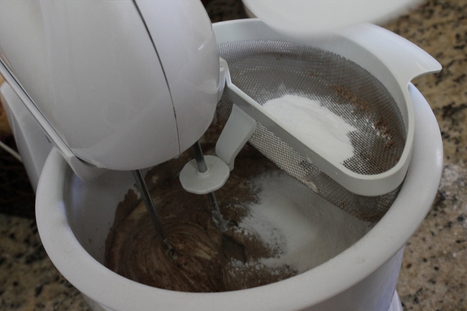 Add the eggs, margarine, sugar, flour, chocolate powder, yeast and prunes. Mix until it gets a consistent mass.