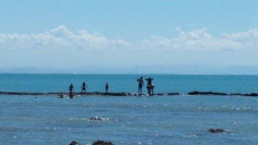 Family fishing in the sea