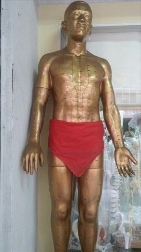 An acupuncture dummy I saw in a store window. Guess this is how they learn, teach, demo acupuncture.