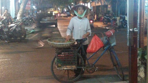 This is a typical woman that sells fruits and veg out of the basket on her bike
