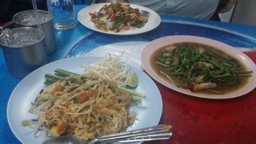 Our first delicious meal in Bangkok at the food stalls on our street