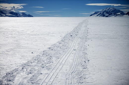 Traversing the ice- the lonely trail from the drag of the sleigh & snow shoes.