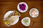 Masala dosa, daikon radish and red cabbage kimchi, mung bean sprouts: by charlottenz, Views[591]