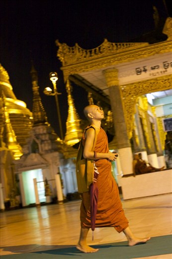 A Buddhist monk in Yangon stares up at Shwedagon Pagoda as he makes his way at sunset to the top.  The Pagoda is treasured by Burmese Buddhists as it is said to contain relics of all four enlightened Buddhas.
