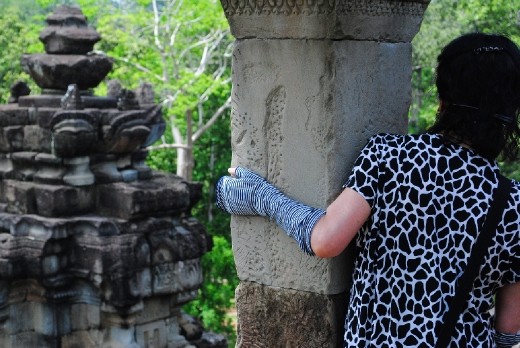 Chris stalking the lady with socks on her arms