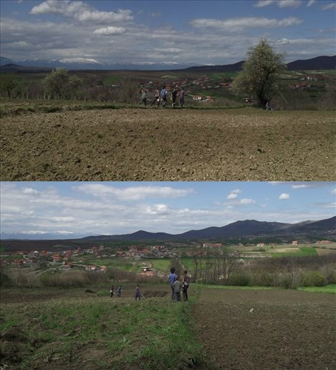Children's in the field using hoe.