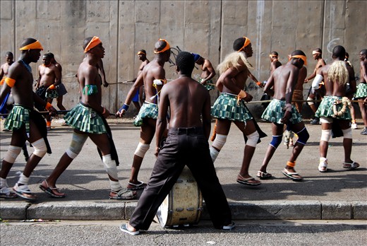 Zulu dancers outside Jeppe migrant hostel in Johannesburg, South Africa